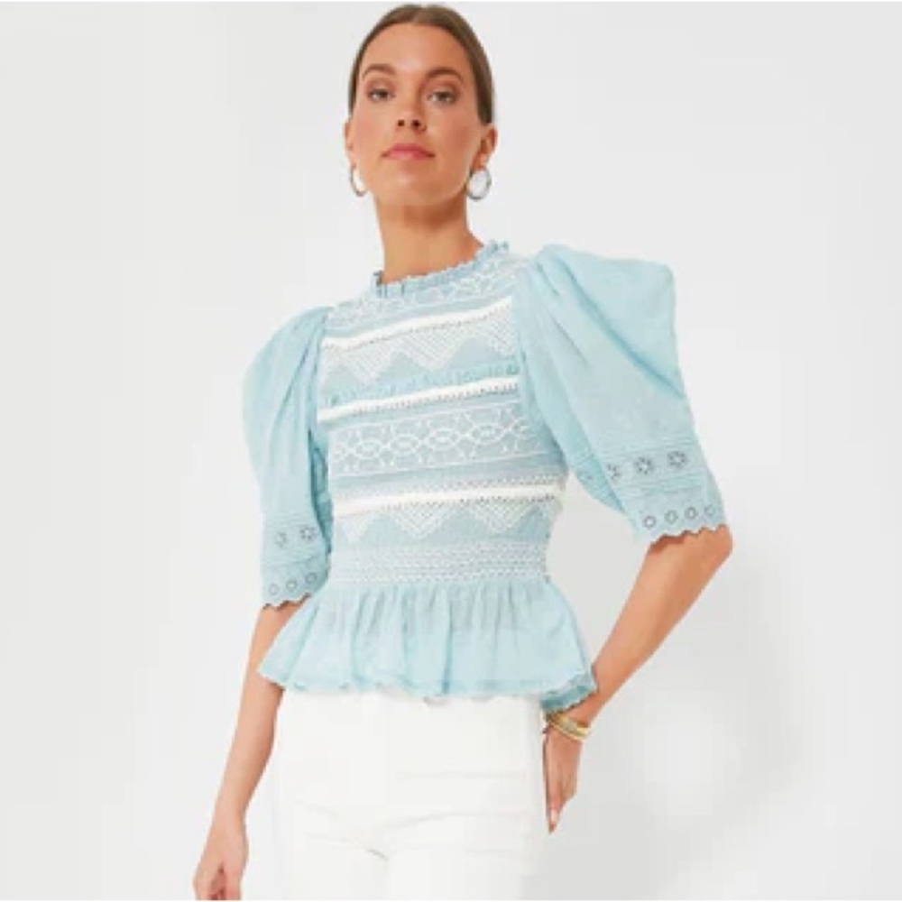 Sea New York Olga Smocked Cotton Puff Sleeve Blouse - Light Blue